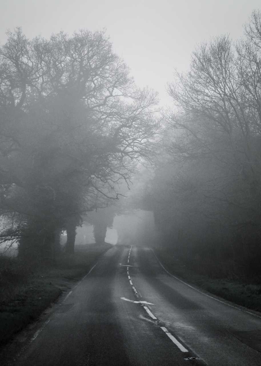 very foggy road
